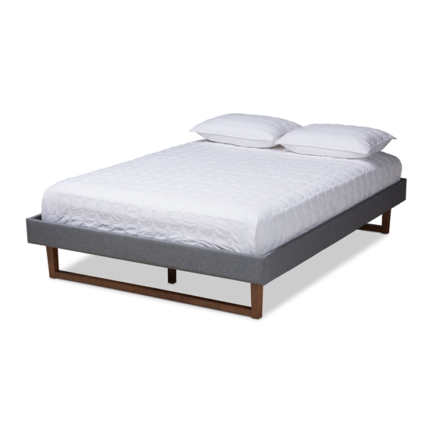 baxton studio Baxton Studio Liliya Mid-Century Modern Dark Grey Fabric Upholstered Walnut Brown Finished Wood Queen Size Platform Bed Frame