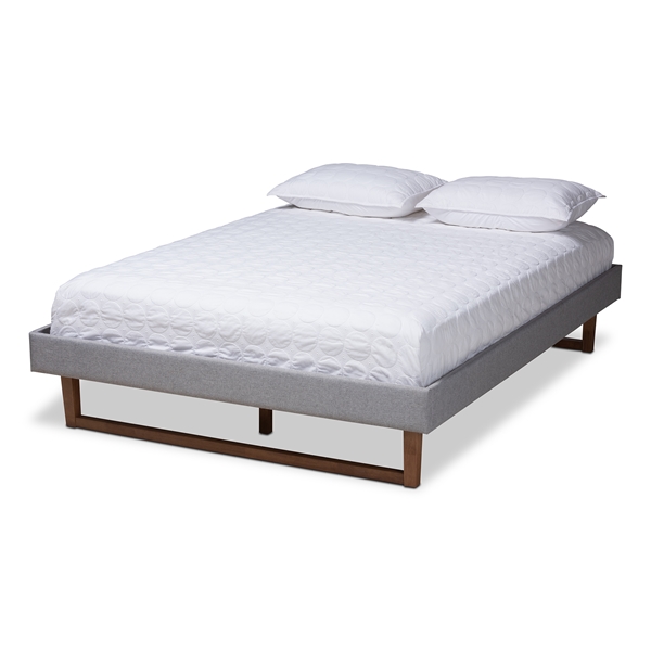 baxton studio Baxton Studio Liliya Mid-Century Modern Light Grey Fabric Upholstered Walnut Brown Finished Wood Full Size Platform Bed Frame