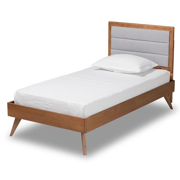 baxton studio Baxton Studio Linn Mid-Century Modern Light Grey Fabric Upholstered and Walnut Brown Finished Wood Twin Size Platform Bed