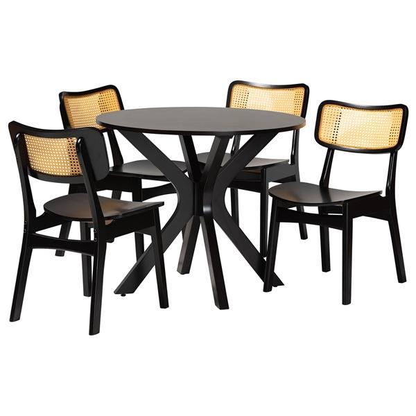 baxton studio Baxton Studio Linnet Mid-Century Modern Dark Brown Finished Wood and Rattan 5-Piece Dining Set