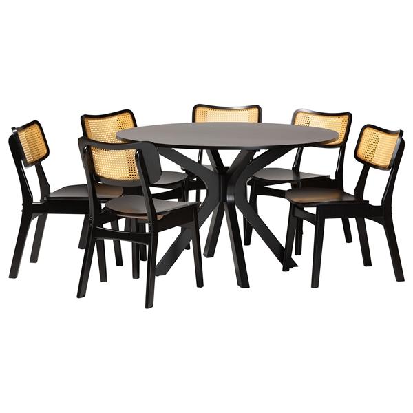 baxton studio Baxton Studio Linnet Mid-Century Modern Dark Brown Finished Wood and Rattan 7-Piece Dining Set