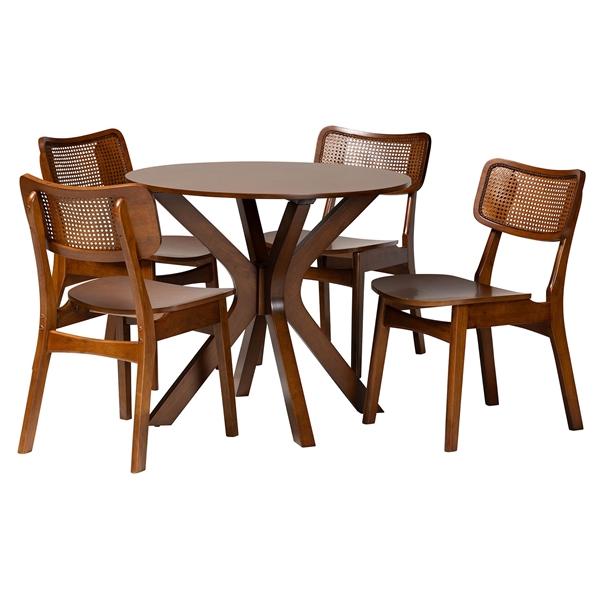 baxton studio Baxton Studio Linnet Mid-Century Modern Walnut Brown Finished Wood and Rattan 5-Piece Dining Set