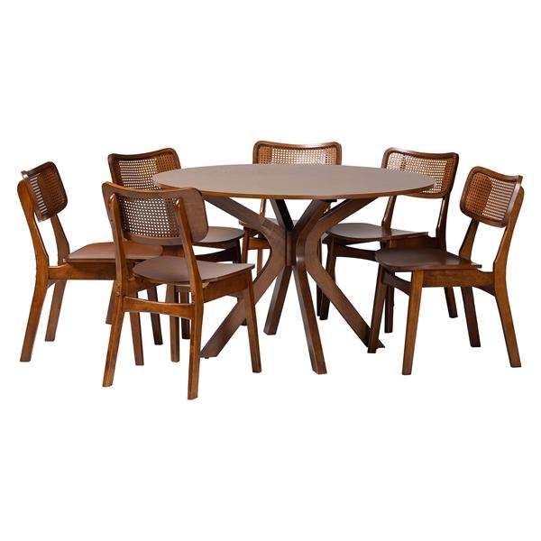 baxton studio Baxton Studio Linnet Mid-Century Modern Walnut Brown Finished Wood and Rattan 7-Piece Dining Set