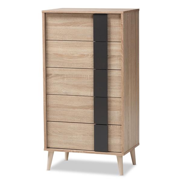 baxton studio Baxton Studio Lisen Mid-Century Modern Light Oak and Grey 5-Drawer Chest
