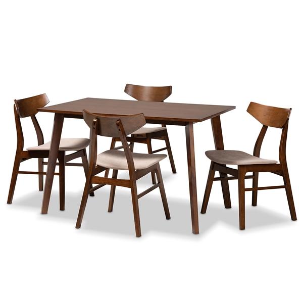 baxton studio Baxton Studio Lois Mid-Century Modern Transitional Light Beige Fabric Upholstered and Walnut Brown Finished Wood 5-Piece Dining Set