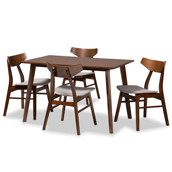 baxton studio Baxton Studio Lois Mid-Century Modern Transitional Light Grey Fabric Upholstered and Walnut Brown Finished Wood 5-Piece Dining Set