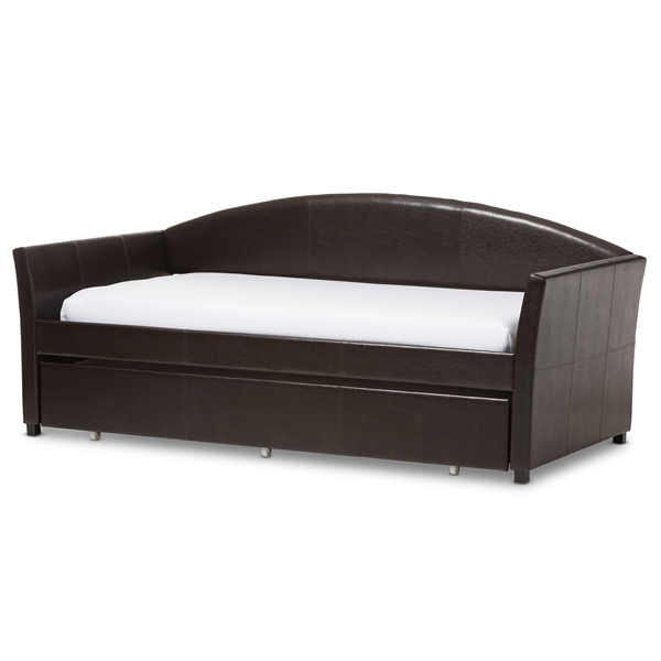 baxton studio Baxton Studio London Modern and Contemporary Brown Faux Leather Arched Back Sofa Twin Daybed with Roll-Out Trundle Guest Bed