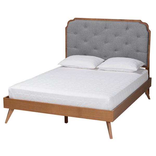baxton studio Baxton Studio Lorana Mid-Century Modern Grey Fabric and Walnut Brown Wood Queen Size Platform Bed