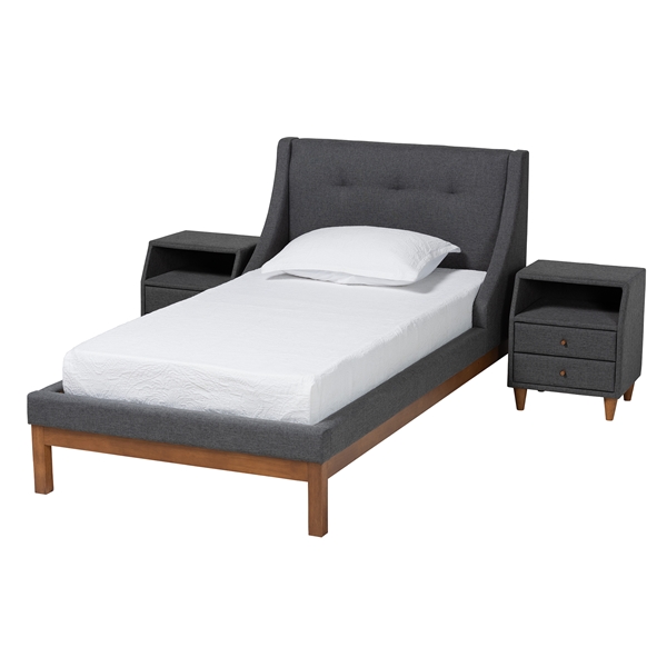 baxton studio Baxton Studio Louvain Mid-Century Modern Transitional Dark Grey Fabric Upholstered Twin Size 3-Piece Bedroom Set