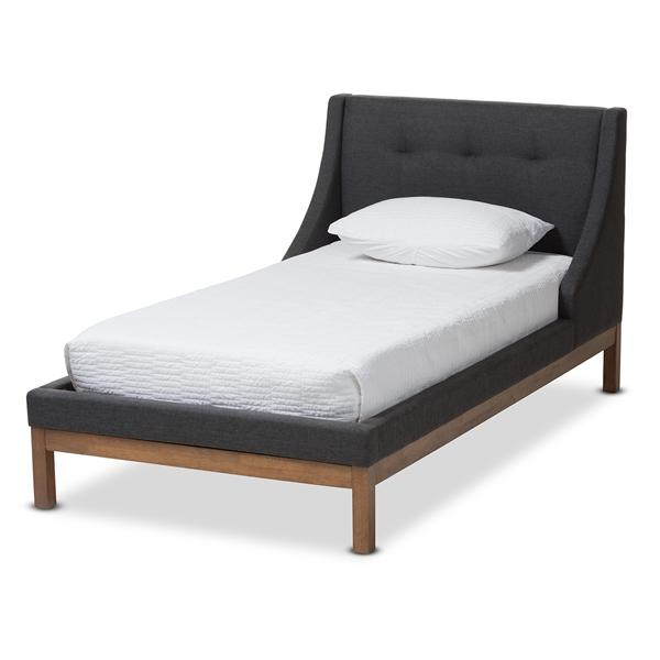 baxton studio Baxton Studio Louvain Modern and Contemporary Dark Grey Fabric Upholstered Walnut-Finished Twin Sized Platform Bed