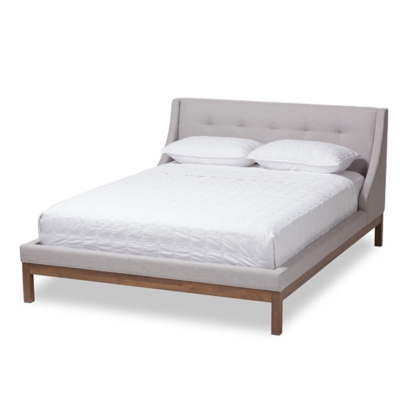 baxton studio Baxton Studio Louvain Modern and Contemporary Greyish Beige Fabric Upholstered Walnut-Finished Queen Sized Platform Bed