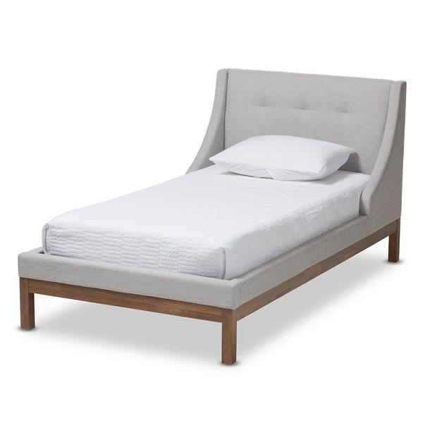 baxton studio Baxton Studio Louvain Modern and Contemporary Greyish Beige Fabric Upholstered Walnut-Finished Twin Sized Platform Bed