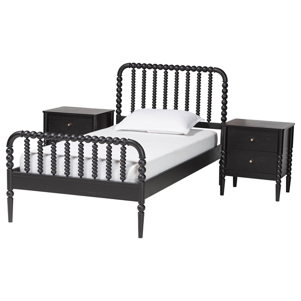 baxton studio Baxton Studio Lucera Mid-Century Black Twin Size 3-Piece Bobbin Bedroom Set