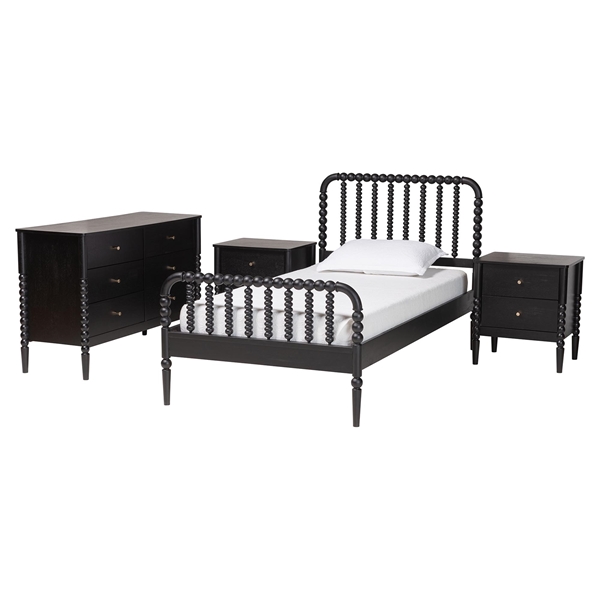 baxton studio Baxton Studio Lucera Mid-Century Black Twin Size 4-Piece Bobbin Bedroom Set