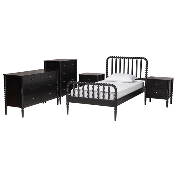 baxton studio Baxton Studio Lucera Mid-Century Black Twin Size 5-Piece Bobbin Bedroom Set