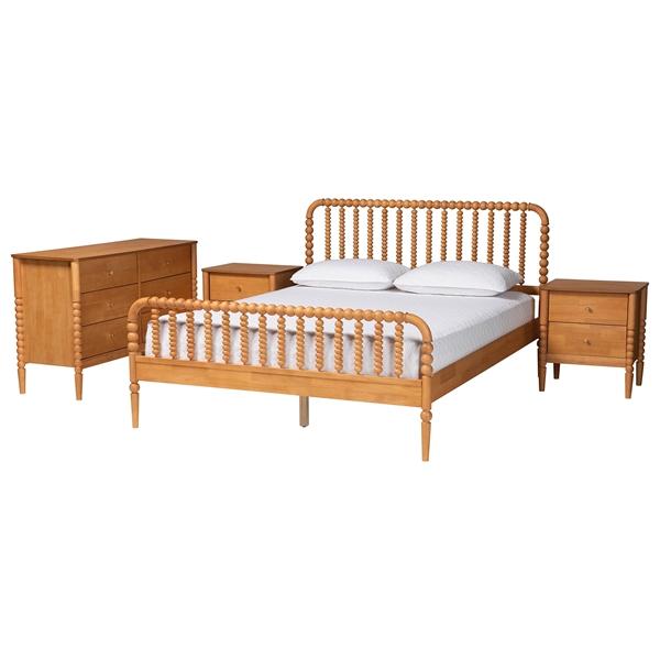 baxton studio Baxton Studio Lucera Mid-Century Oak Brown Queen Size 4-Piece Bobbin Bedroom Set
