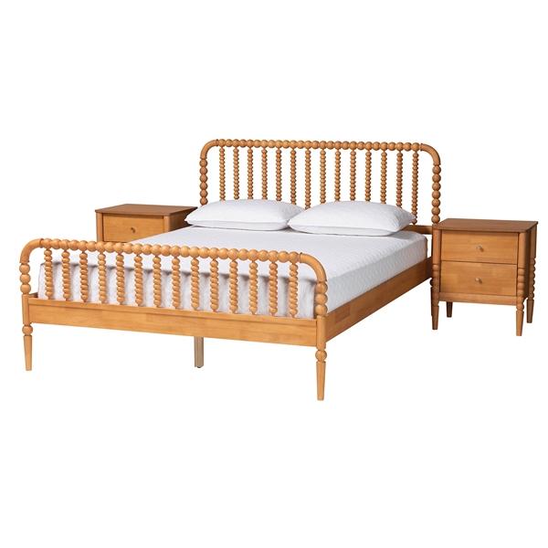 baxton studio Baxton Studio Lucera Mid-Century Oak Brown Queen Size 3-Piece Bobbin Bedroom Set
