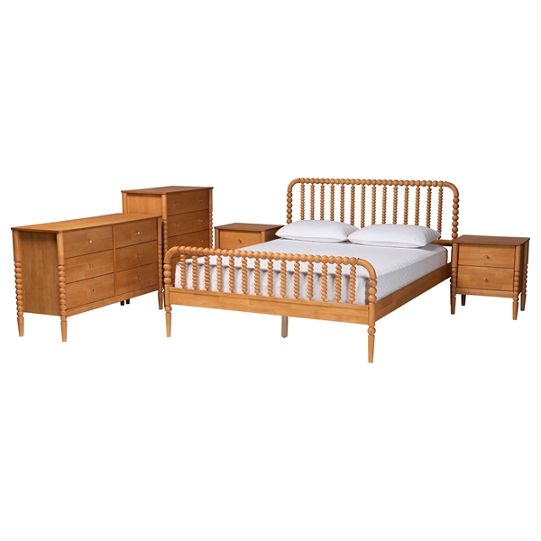 baxton studio Baxton Studio Lucera Mid-Century Oak Brown Queen Size 5-Piece Bobbin Bedroom Set
