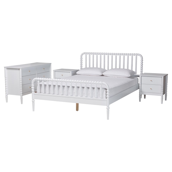 baxton studio Baxton Studio Lucera Mid-Century White Queen Size 4-Piece Bobbin Bedroom Set