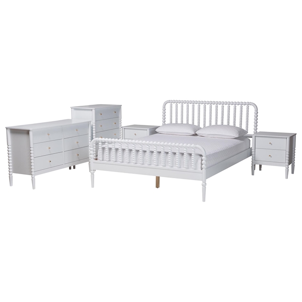 baxton studio Baxton Studio Lucera Mid-Century White Queen Size 5-Piece Bobbin Bedroom Set