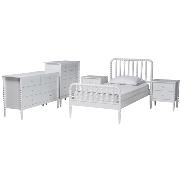 baxton studio Baxton Studio Lucera Mid-Century White Twin Size 5-Piece Bobbin Bedroom Set