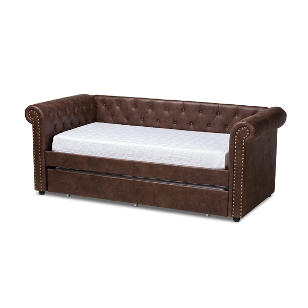 baxton studio Baxton Studio Mabelle Modern and Contemporary Brown Faux Leather Upholstered Daybed with Trundle