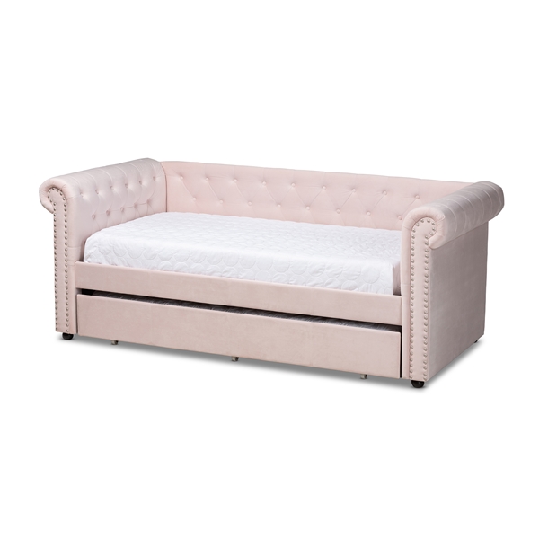 baxton studio Baxton Studio Mabelle Modern and Contemporary Light Pink Velvet Upholstered Daybed with Trundle