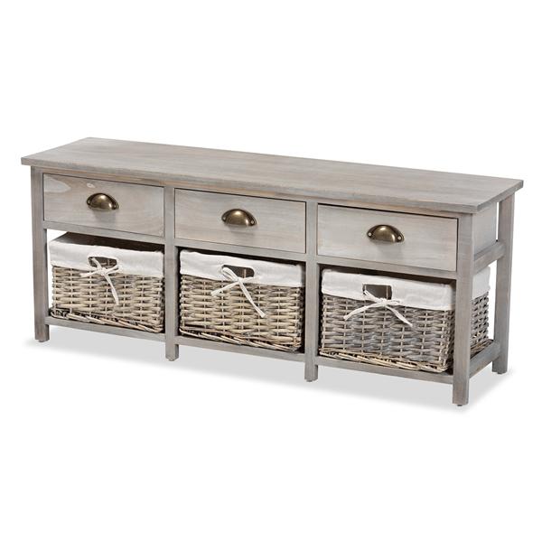 baxton studio Baxton Studio Mabyn Modern and Contemporary Light Grey Finished Wood 3-Drawer Storage Bench with Baskets