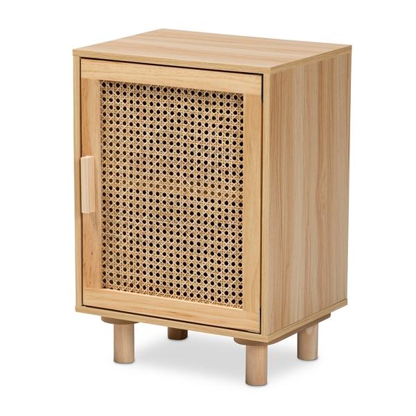 baxton studio Baxton Studio Maclean Mid-Century Modern Rattan and Natural Brown Finished Wood 1-Door End Table