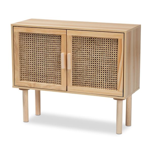 baxton studio Baxton Studio Maclean Mid-Century Modern Rattan and Natural Brown Finished Wood 2-Door Sideboard Buffet