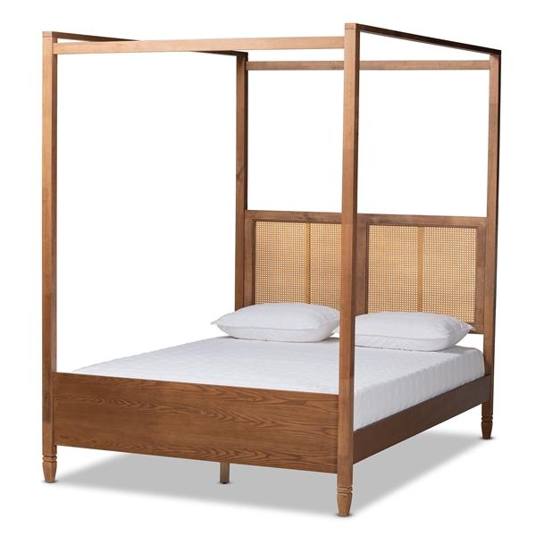 baxton studio Baxton Studio Malia Modern and Contemporary Walnut Brown Finished Wood and Synthetic Rattan Queen Size Canopy Bed