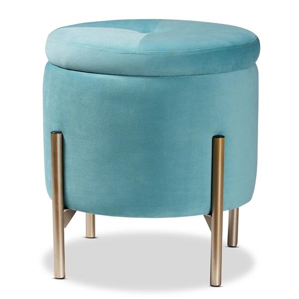 baxton studio Baxton Studio Malina Contemporary Glam and Luxe Sky Blue Velvet Fabric Upholstered and Gold Finished Metal Storage Ottoman
