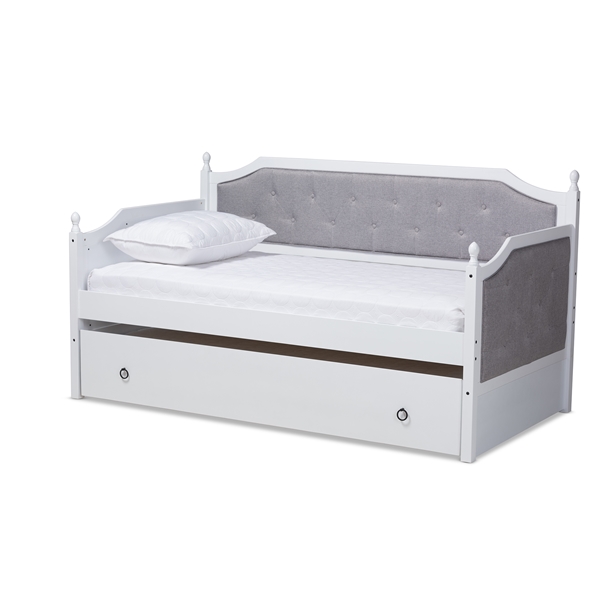baxton studio Baxton Studio Mara Classic and Traditional Grey Fabric Upholstered White Finished Wood Twin Size Daybed with Trundle