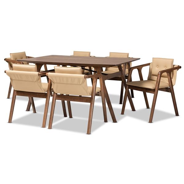 baxton studio Baxton Studio Marcena Mid-Century Modern Beige Imitation Leather Upholstered and Walnut Brown Finished Wood 7-Piece Dining Set