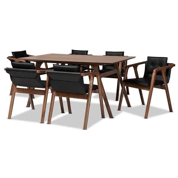 baxton studio Baxton Studio Marcena Mid-Century Modern Black Imitation Leather Upholstered and Walnut Brown Finished Wood 7-Piece Dining Set