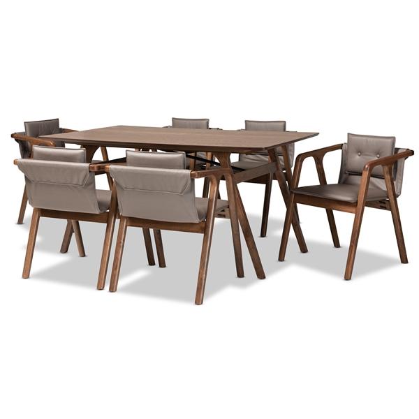 baxton studio Baxton Studio Marcena Mid-Century Modern Grey Imitation Leather Upholstered and Walnut Brown Finished Wood 7-Piece Dining Set