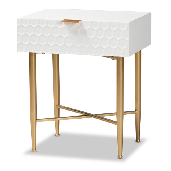 baxton studio Baxton Studio Marcin Contemporary Glam and Luxe White Finished Wood and Gold Metal 1-Drawer End Table