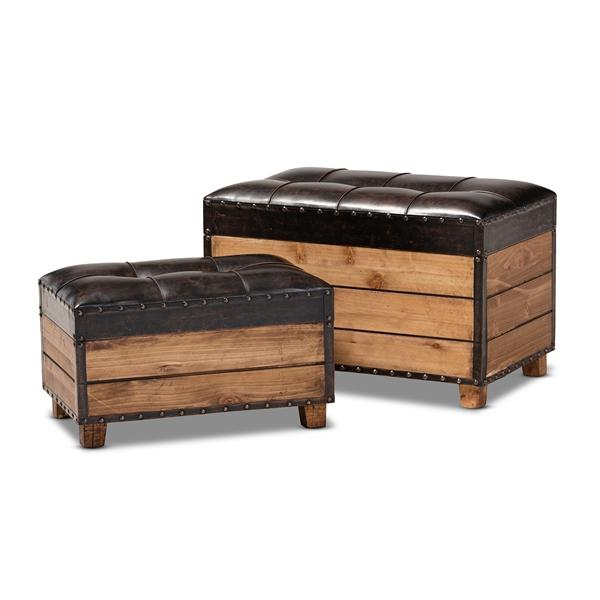 baxton studio Baxton Studio Marelli Rustic Dark Brown Faux Leather Upholstered 2-Piece Wood Storage Trunk Ottoman Set
