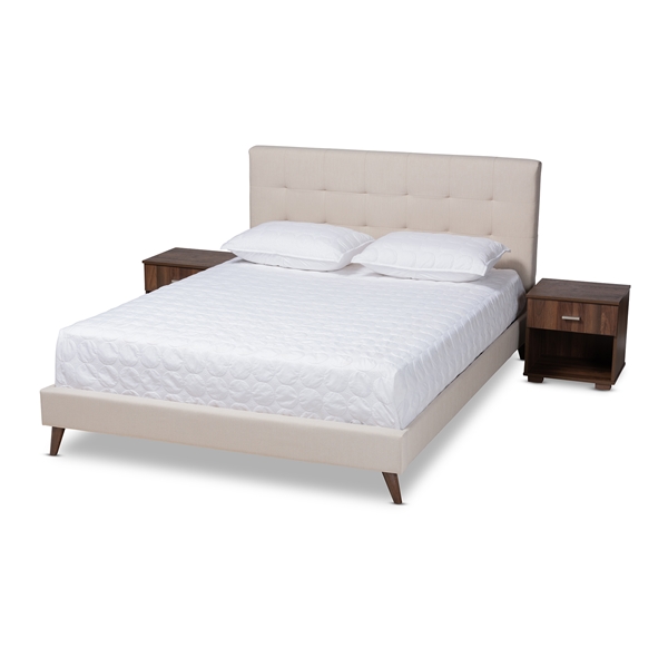 baxton studio Baxton Studio Maren Mid-Century Modern Beige Fabric Upholstered Queen Size Platform Bed with Two Nightstands