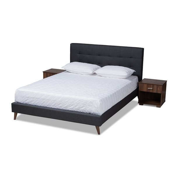 baxton studio Baxton Studio Maren Mid-Century Modern Dark Grey Fabric Upholstered Queen Size Platform Bed with Two Nightstands