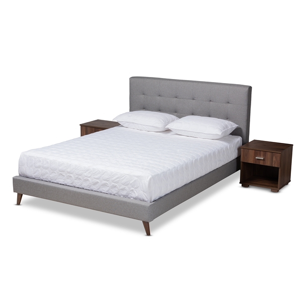baxton studio Baxton Studio Maren Mid-Century Modern Light Grey Fabric Upholstered Queen Size Platform Bed with Two Nightstands