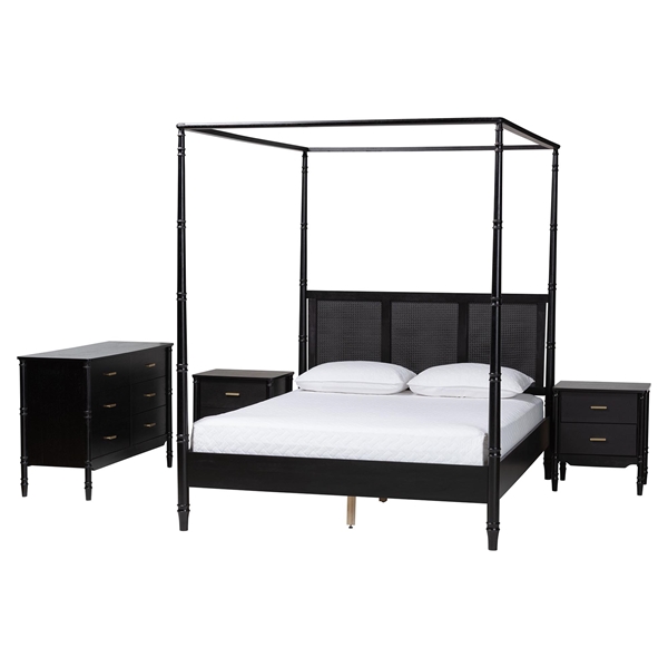 baxton studio Baxton Studio Marisela 4-Piece Black Bedroom Set - Canopy Bed with Synthetic Rattan Headboard Matching Dresser and Two Nightstands Modern Transitional Wood Bedroom Furniture Collection Queen