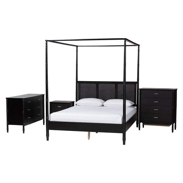baxton studio Baxton Studio Marisela 4-Piece Black Bedroom Set - Canopy Bed with Synthetic Rattan Headboard Matching Dresser Chest and Nightstand Modern Transitional Wood Bedroom Furniture Collection King