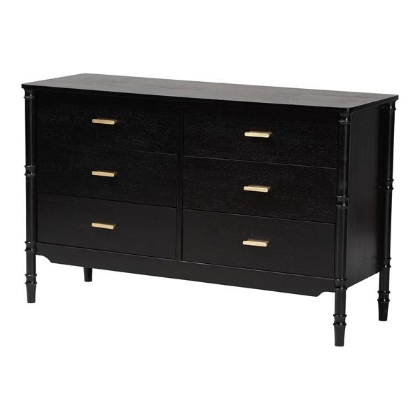 baxton studio Baxton Studio Marisela Black Wood Dresser with Drawers - Bamboo-Inspired Legs and Brass Handles 6-Drawer Modern Transitional Bedroom Storage Unit