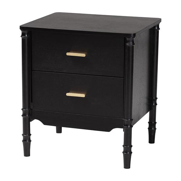 baxton studio Baxton Studio Marisela Black Wood Nightstand with Gold Handles - 2-Drawer Bedside Table with Bamboo-Inspired Legs Modern Transitional Accent Furniture for Bedroom or Guest Room