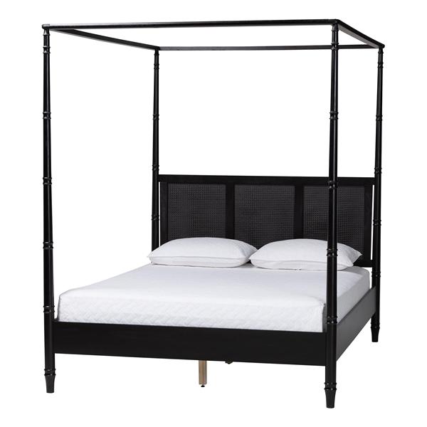 baxton studio Baxton Studio Marisela Canopy Bed with Synthetic Rattan Headboard - Black Wood Bed Frame with Bamboo-Inspired Posts Modern Transitional Bedroom Accent Furniture King Size