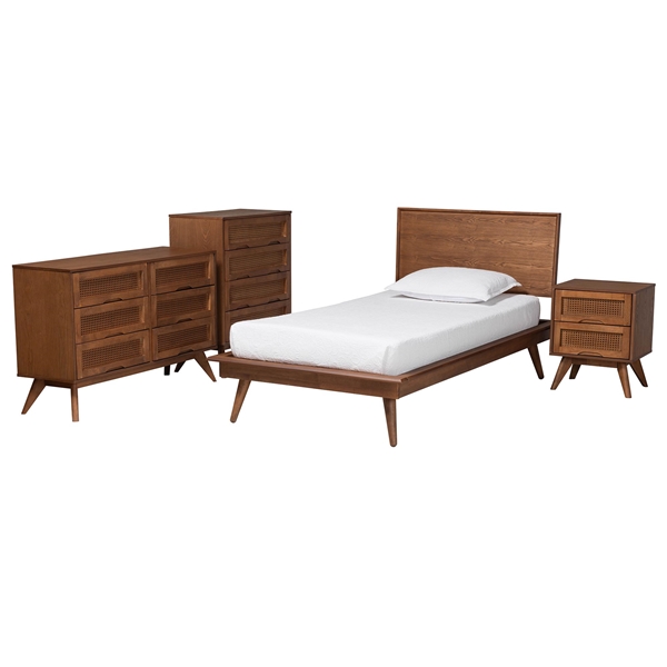 baxton studio Baxton Studio Melora Mid-Century Modern Walnut Brown Finished Wood and Rattan Twin Size 4-Piece Bedroom Set
