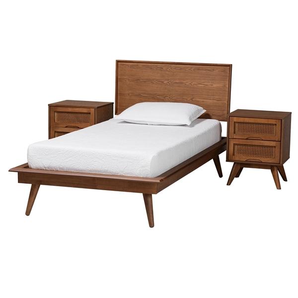baxton studio Baxton Studio Melora Mid-Century Modern Walnut Brown Finished Wood and Rattan Twin Size 3-Piece Bedroom Set