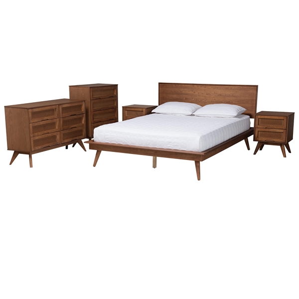 baxton studio Baxton Studio Melora Mid-Century Modern Walnut Brown Finished Wood and Rattan King Size 5-Piece Bedroom Set