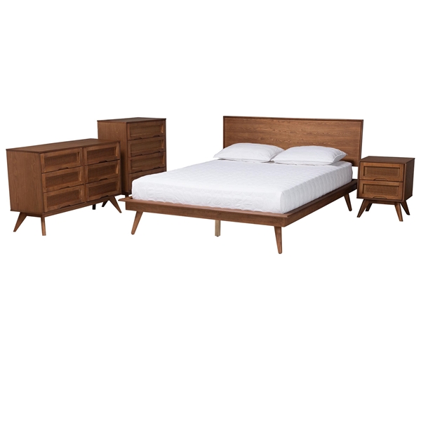 baxton studio Baxton Studio Melora Mid-Century Modern Walnut Brown Finished Wood and Rattan King Size 4-Piece Bedroom Set